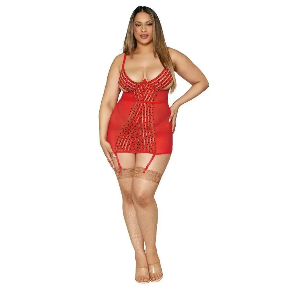 🦋B2G1🦋DREAMGIRL Stretch Mesh & Heart Printed Striped Elastic Garter Slip PLUS 1X